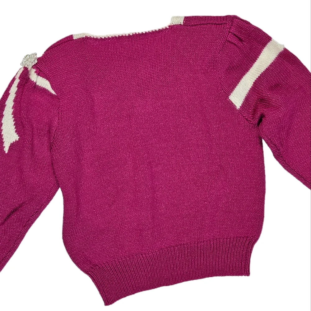 Vintage Jaclyn Smith Hot Pink White Bow Sweater Sz L Pearl Bead Granny Coquette - Picture 13 of 16